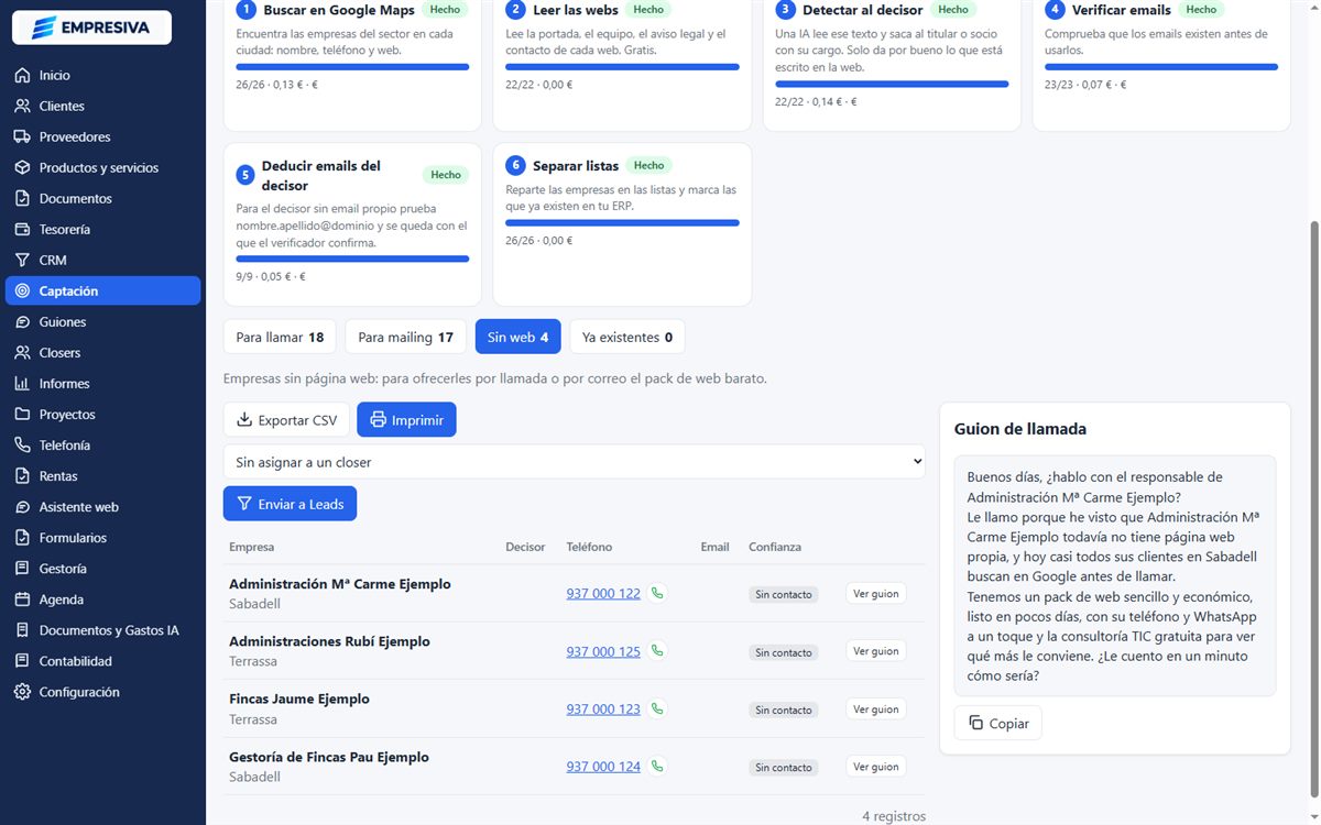 Lista de empresas sin web con el guion para ofrecerles una página