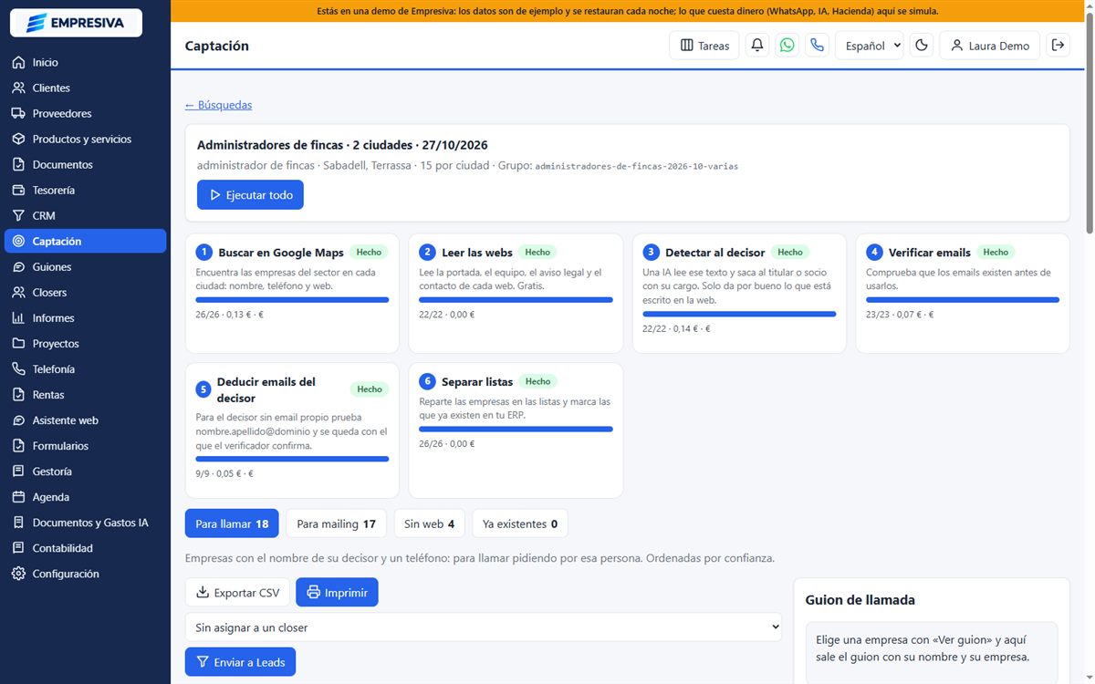 Búsqueda de captación de Empresiva con los seis pasos hechos y las listas para llamar, para mailing, sin web y ya existentes