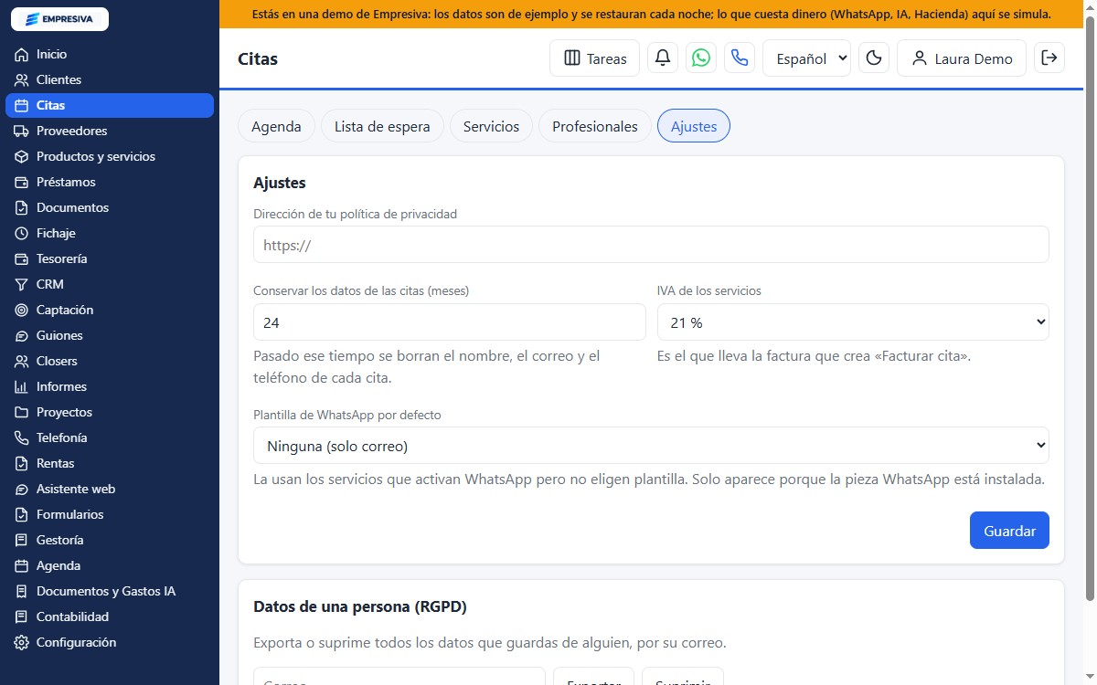 Ajustes de Citas con política de privacidad, plazo de conservación, IVA y exportar o suprimir los datos de una persona