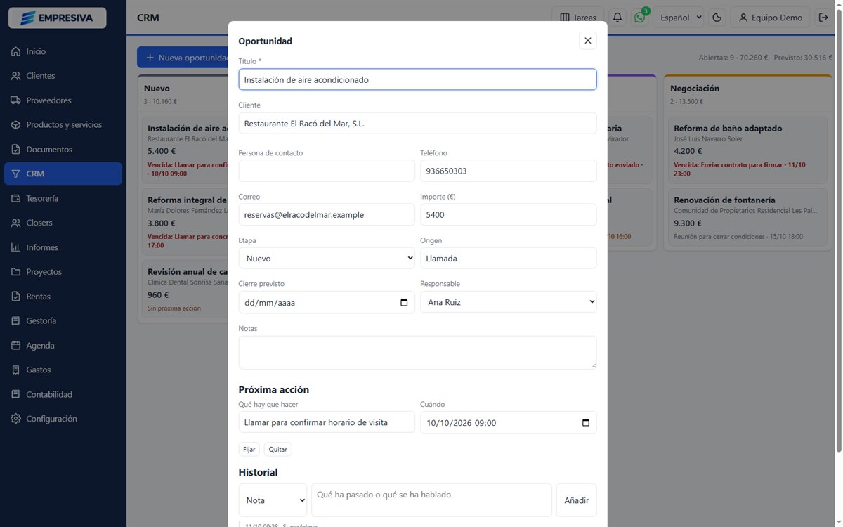Oportunidad del CRM con su próxima acción y su historial