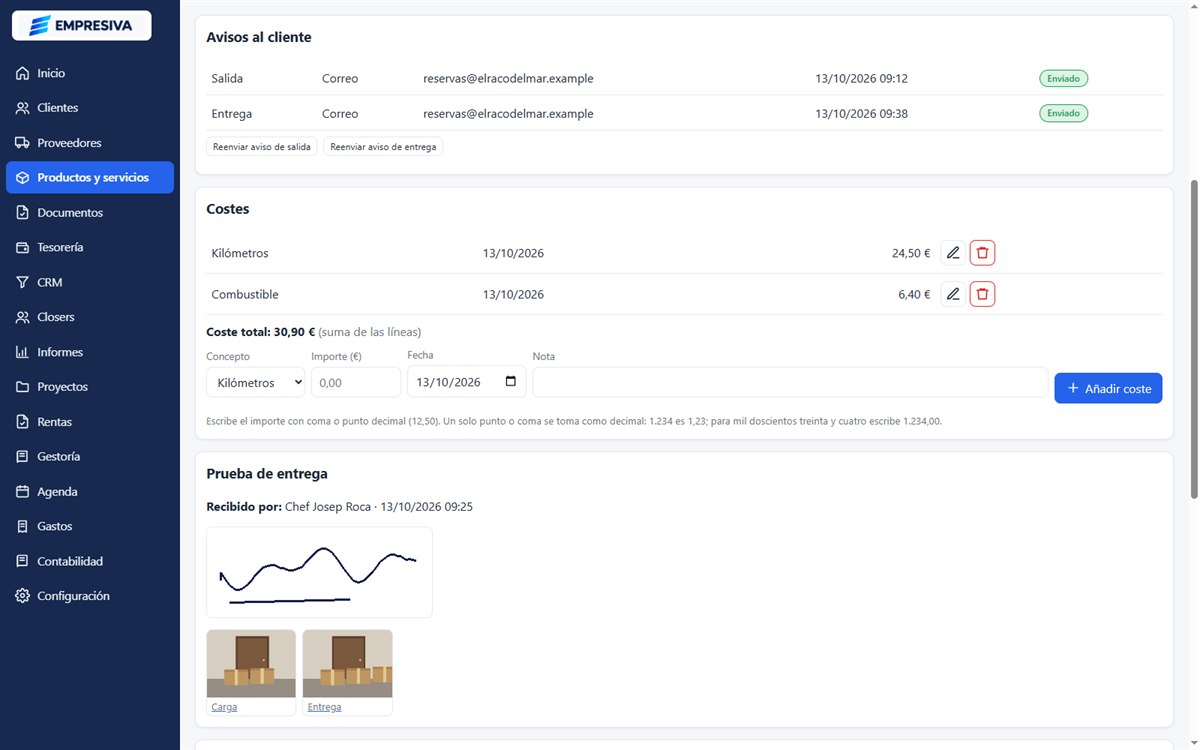 Ficha de un envío con avisos al cliente, costes y prueba de entrega