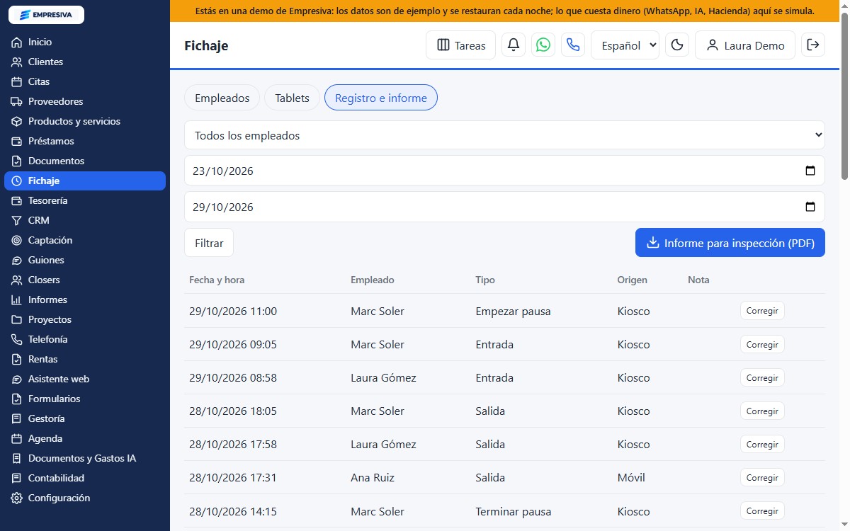 Registro de jornada con los fichajes, su origen y el informe para inspección