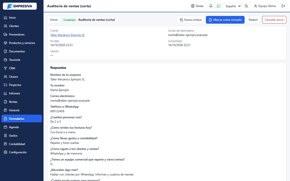 Respuestas de un formulario completado guardadas en la ficha del cliente