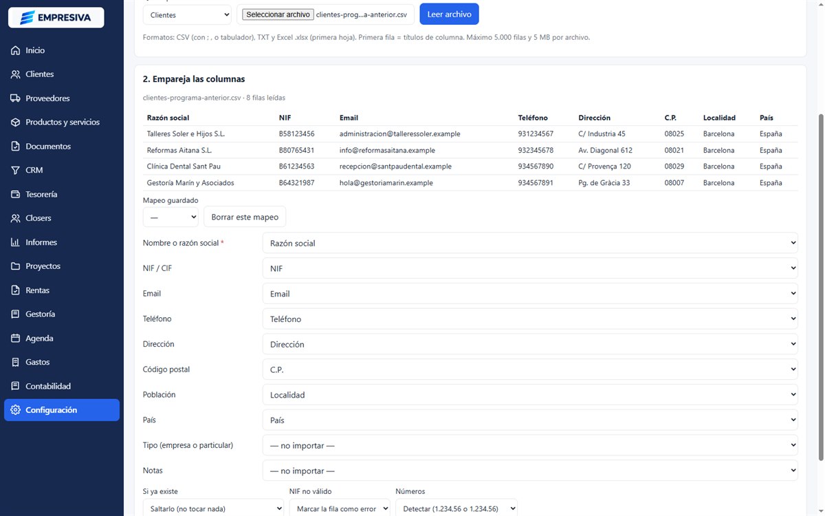 Importar clientes en Empresiva: emparejar las columnas del archivo Excel o CSV con los campos del cliente
