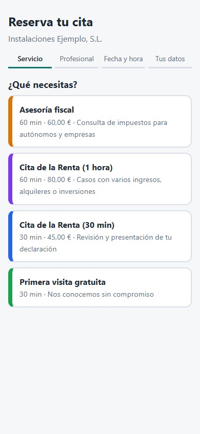 Página de reservas en el móvil con los servicios del negocio