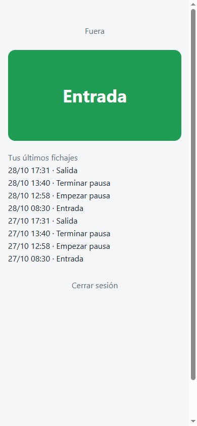 Pantalla de fichar en el móvil con el botón de entrada y los últimos fichajes
