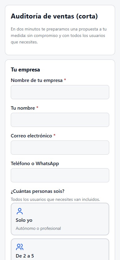 Formulario en el móvil del cliente con opciones en tarjetas