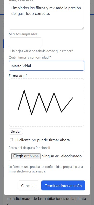 Firma de conformidad del cliente en el móvil