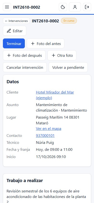 Ficha de una intervención en el móvil del técnico