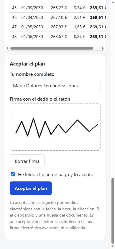 Página de aceptación del plan en el móvil con la firma con el dedo
