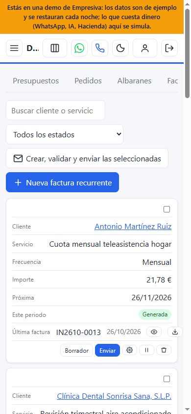 Lista de servicios recurrentes en el móvil