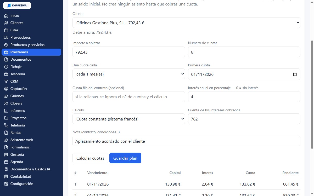 Formulario de un plan nuevo con el cuadro de amortización calculado