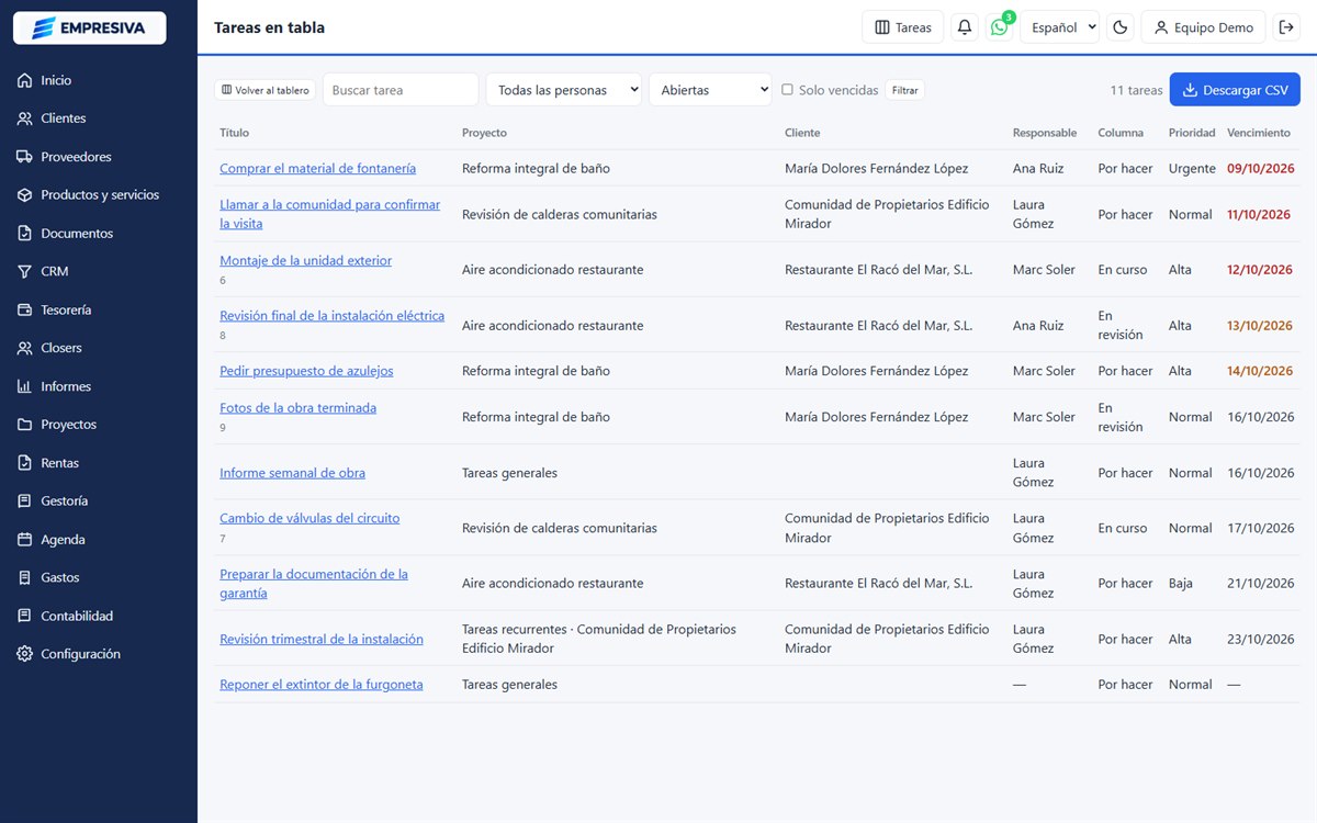 Tareas en vista de tabla con descarga en CSV