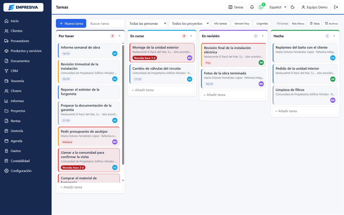 Tareas en la demo de Empresiva