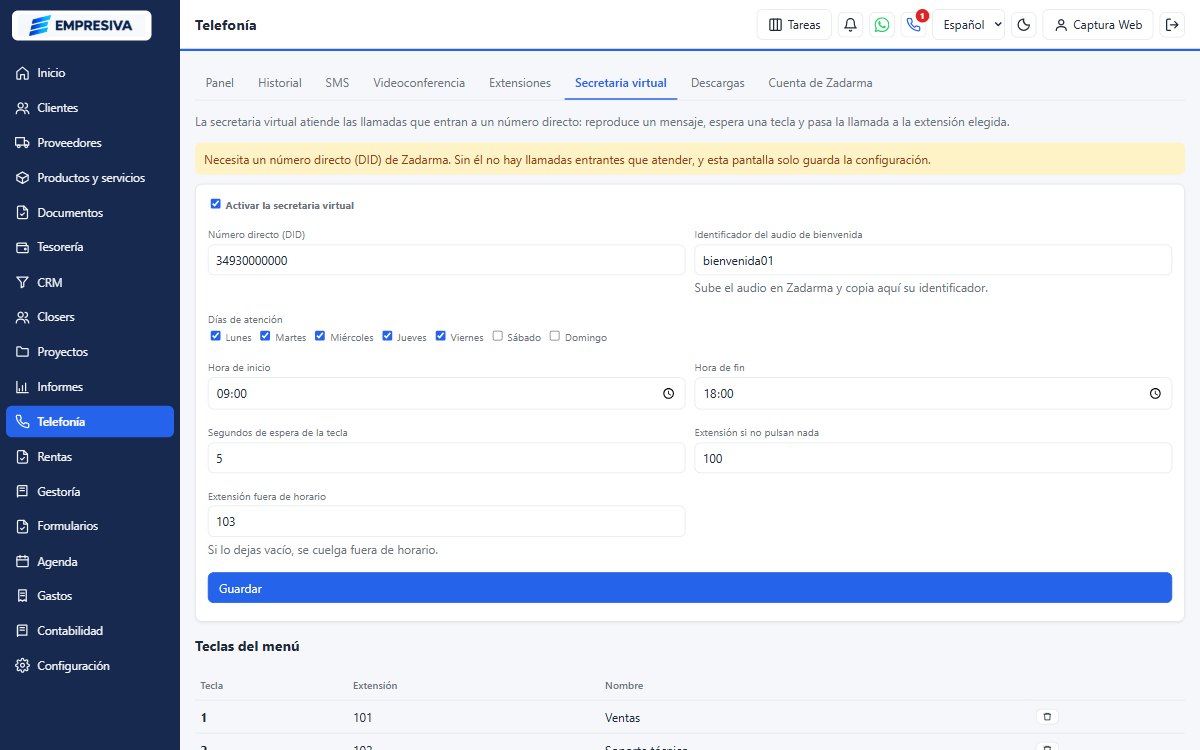 Configuración de la secretaria virtual con horario y teclas del menú