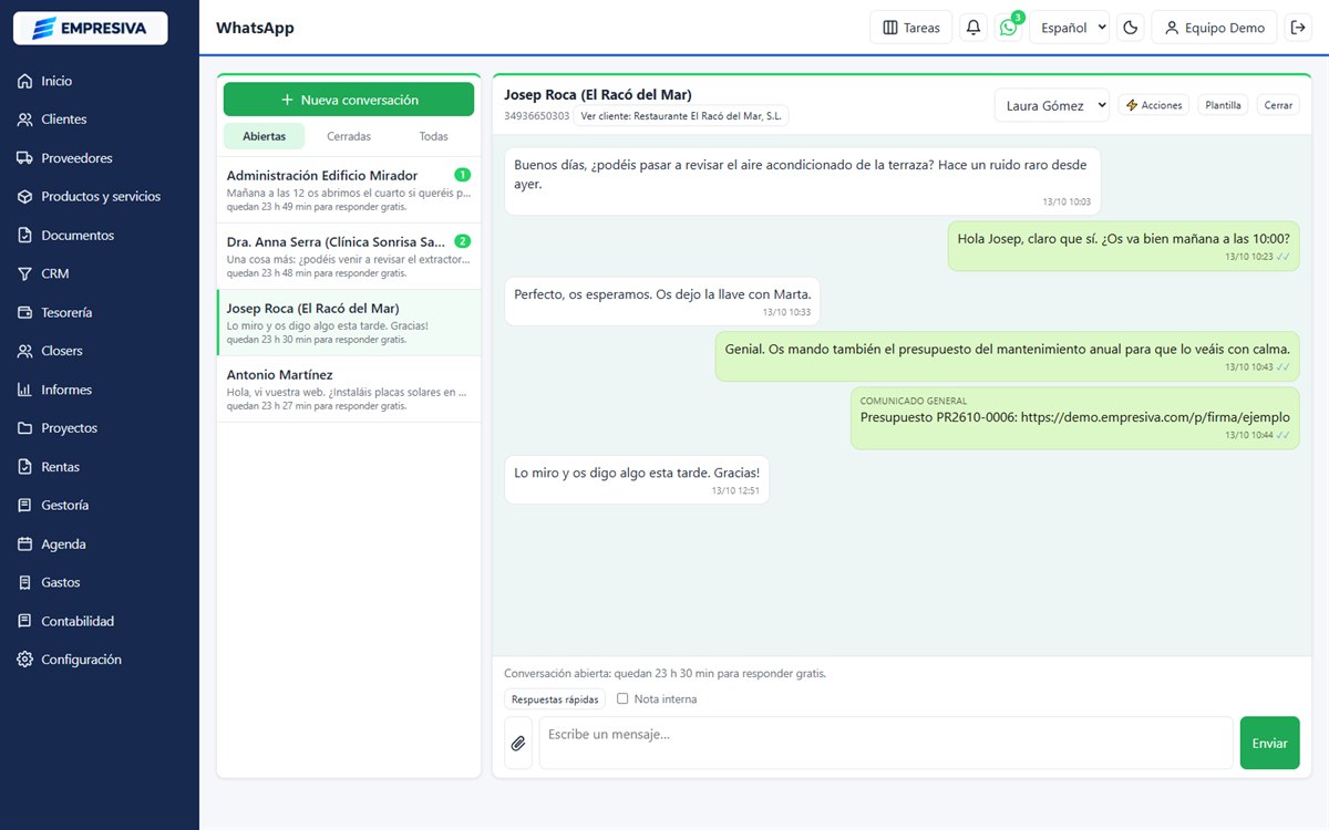 Bandeja compartida de WhatsApp con conversaciones y una conversación abierta