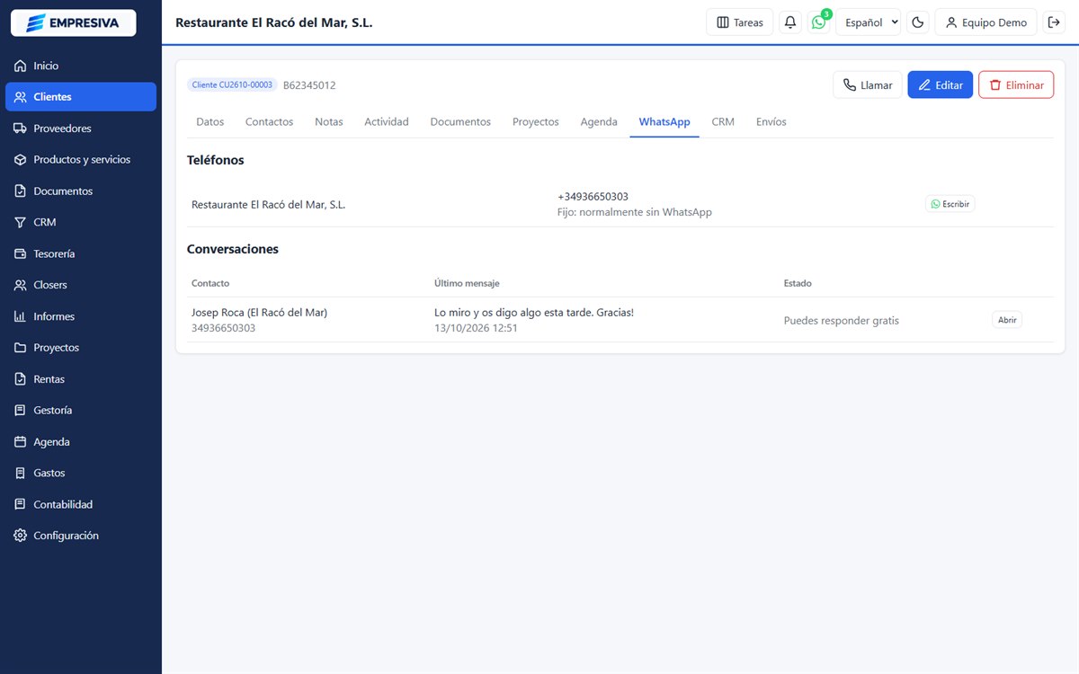 Conversaciones de WhatsApp en la ficha del cliente